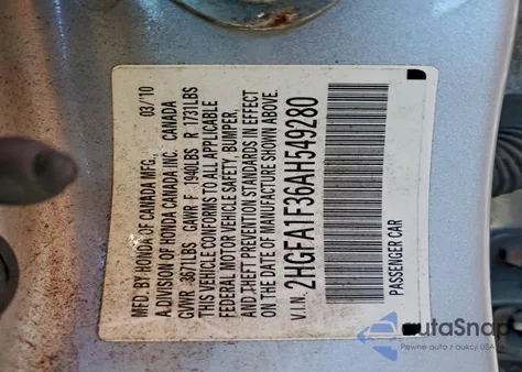 2010 Honda Civic Vp from USA, damaged, VIN 2HGFA1F36AH549280